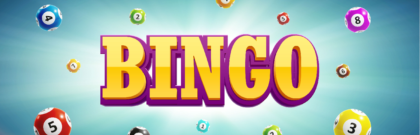A colourful 'BINGO' text and flying numbered balls