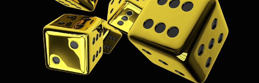 Multiple golden coloured dice rolling in a black space.