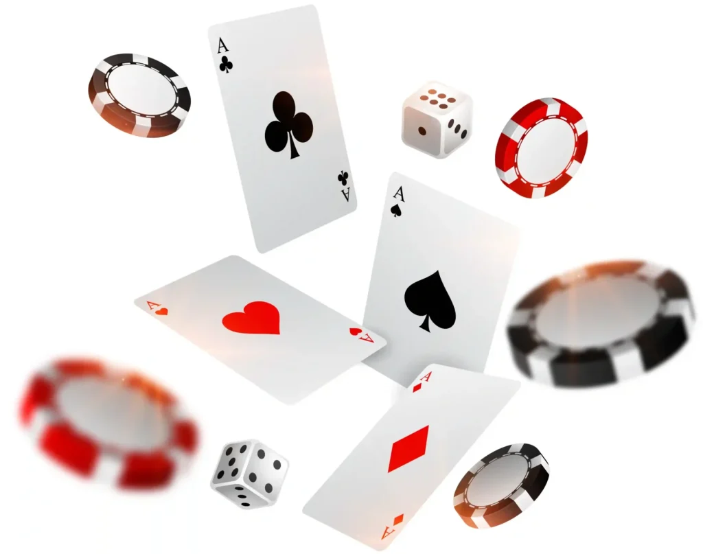 Four aces, two dice, and chips flying on a white background