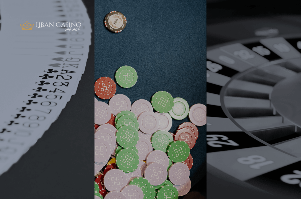 Playing cards, poker chips and a roulette wheel.
