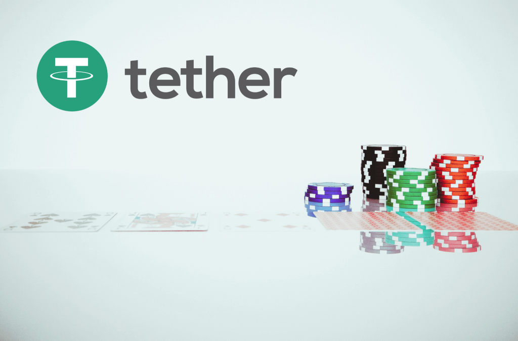 Tether (USDT) logo and stack of poker chips with a few cards