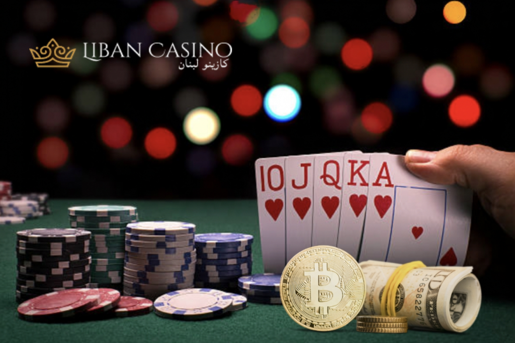 Bitcoin (BTC) logo, stacked poker chips and cards